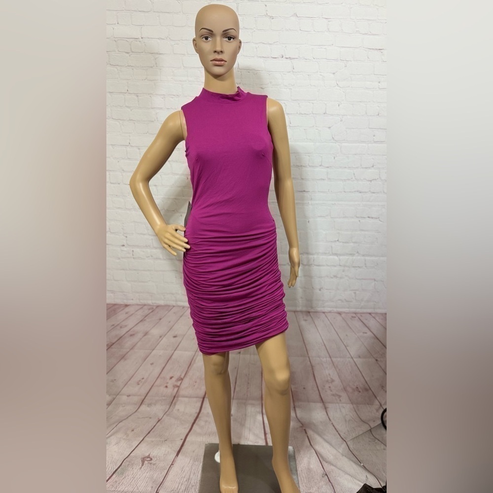 BEBE ruched bodycon dress mock neck open back sleeveless magenta Medium NWT